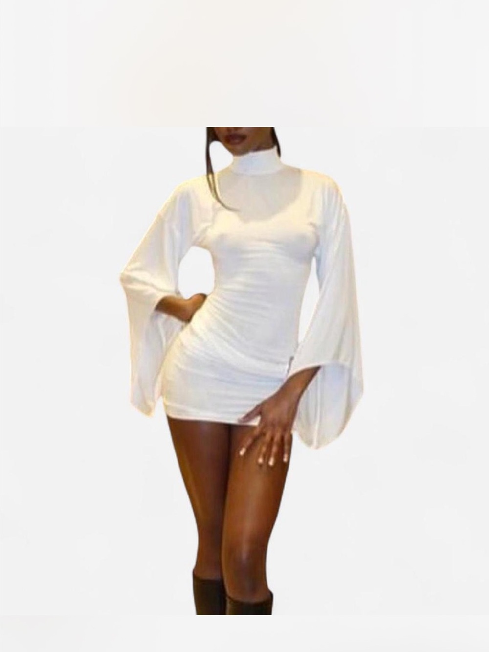 Amy Shehab High-Neck White Mini buckle Dress with Draped Bell Sleeves